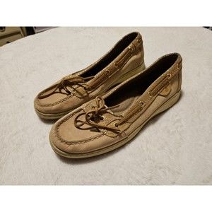EUC Women’s Sperry Leather Topsider Tan Beige & Gold Boat Casual Shoes Size 9